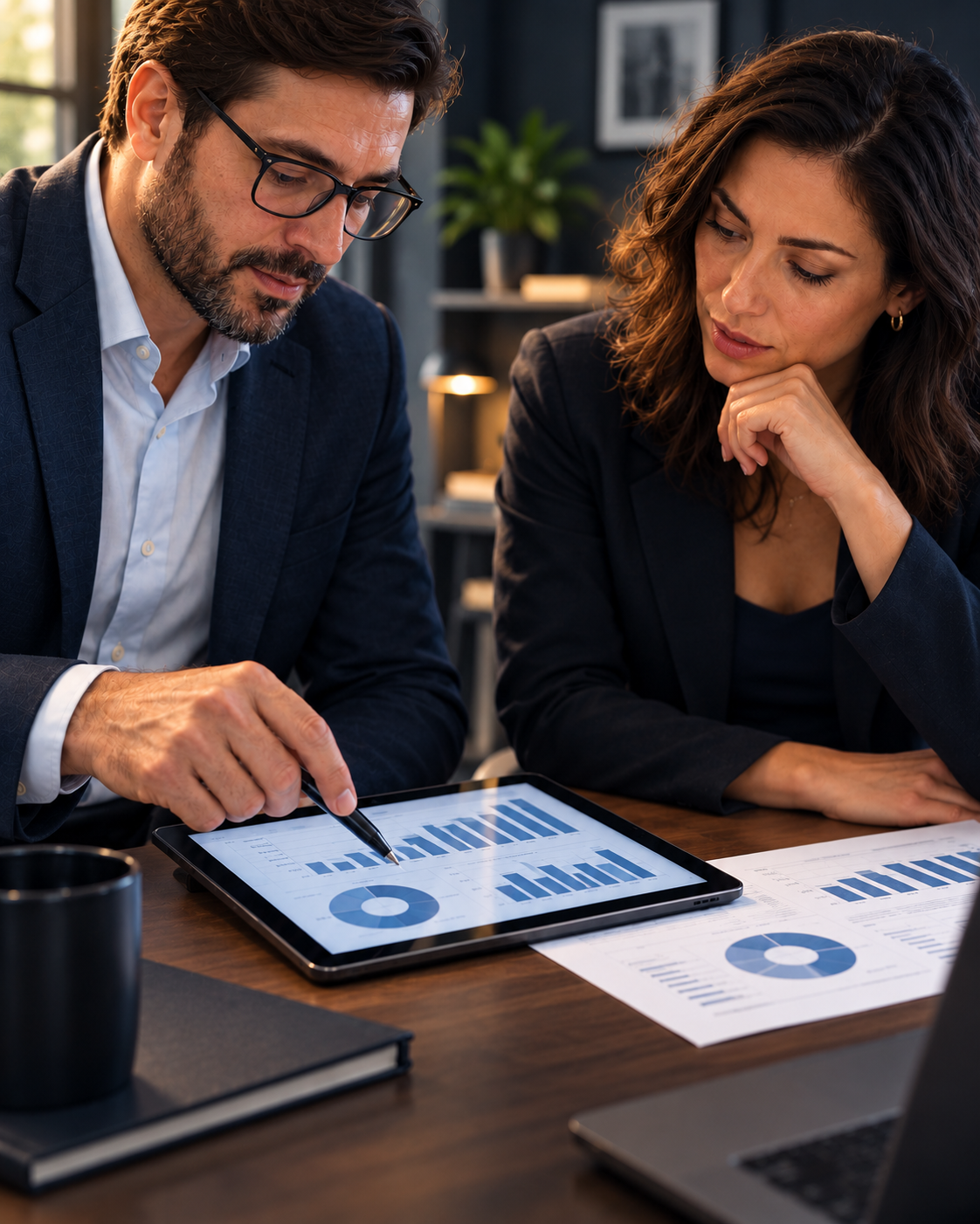 Consultores analisando um projeto com tablet e documentos