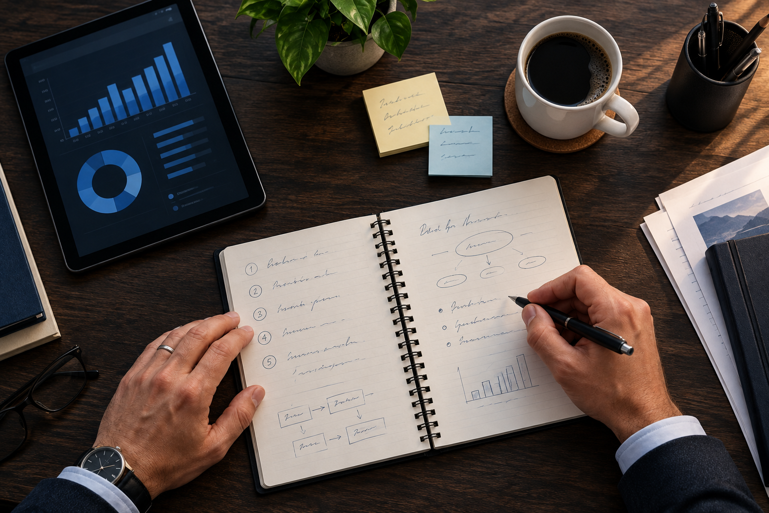 Caderno de planejamento, tablet e materiais de trabalho de consultoria